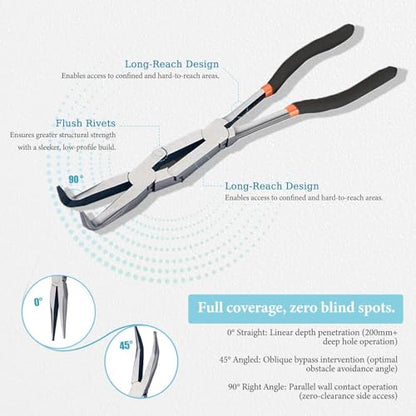 13 Inch 3-PC Needle Nose Pliers Set: Multi-Angle Access with Straight, 45°, and 90° Tips for Precision Work in Confined Areas