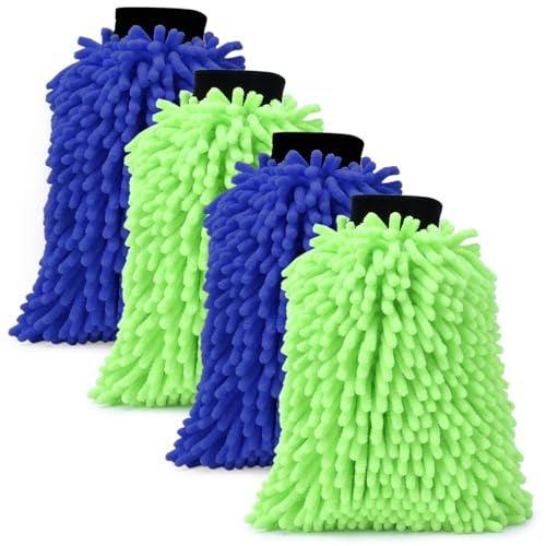 4Pcs Car Wash Mitt Microfiber Gloves Chenille Material Microfiber Towels for Car Washing Supplies Kit Scratch Free Cleaning Fluorescent Green + Royal Blue - size: Fluorescent Green + Royal Blue