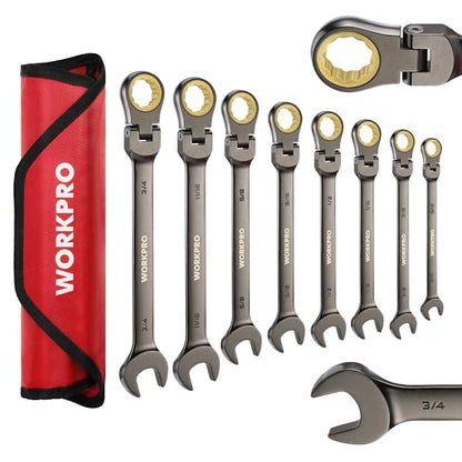 WORKPRO 8-piece Flex-Head Ratcheting Combination Wrench Set, SAE 5/16-3/4 in, 72-Teeth, CR-V Constructed, Nickel Plating with Organizer Bag - size: SAE, style: Nickel Plating