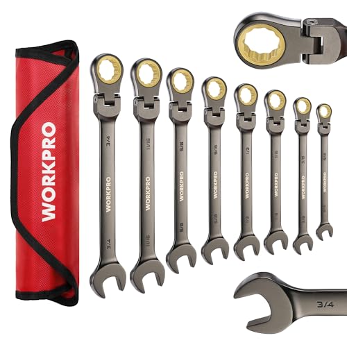 WORKPRO 8-piece Flex-Head Ratcheting Combination Wrench Set, SAE 5/16-3/4 in, 72-Teeth, CR-V Constructed, Nickel Plating with Organizer Bag - size: SAE, style: Nickel Plating