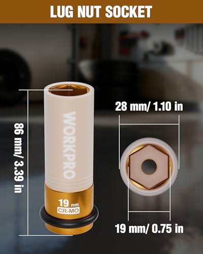WORKPRO 1/2" Drive Lug Nut Impact Duty Socket, 19mm Deep Thin Wall Socket, Made of Premium Cr-Mo Steel, Non-Marring Lug Nut Wheel Sockets for Car - size: 1/2" DR x 19mm