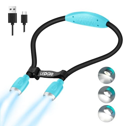 LEDGLE Neck Book Light for Reading Rechargeable,Long Arm,6 Brightness-Blue | 800mAh,Cool White 6000K,360°Magic Buckle,Nubs Non-Slip Heat-Dissipating,USB 5-20H Hands Free for Knitting Repair Camping - style: Massage Particles- Blue