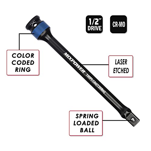 MIXPOWER 1/2-inch Drive Wheel Protector Impact Socket& 8 inch Coded Torque Limiting Socket Extension Bar 8pcs Tire Deep Socket Set, Color-Coded, 80 to 150 Ft-Lbs (110-200 Nm)