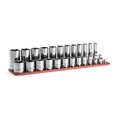 Capri Tools 3/8 in. Drive Shallow and Deep Chrome Socket Set, 6-Point, 5/16 to 1 in., 24-Piece with Billet Aluminum Socket Rail - size: Shallow & Deep Set w. Rail / 5/16-1 in.