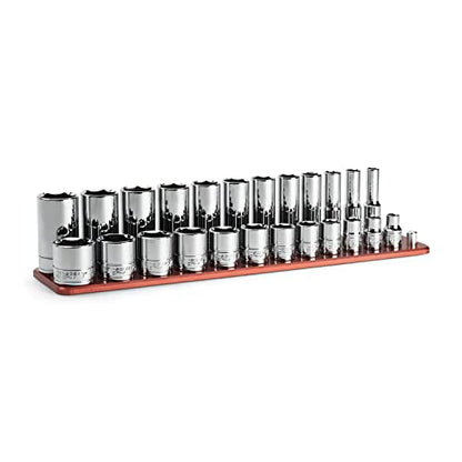 Capri Tools 3/8 in. Drive Shallow and Deep Chrome Socket Set, 6-Point, 5/16 to 1 in., 24-Piece with Billet Aluminum Socket Rail - size: Shallow & Deep Set w. Rail / 5/16-1 in.