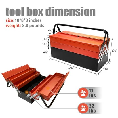 YATOINTO Metal Cantilever Tool Box, 18" * 8" * 8" Fold Out Tool Organizer with 3 Layers & 5 Trays, Portable Storage for Home, Studio, Auto Repair & Factory (Orange)