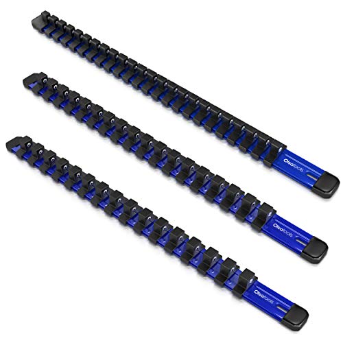 Olsa Tools Aluminum Socket Organizer, 3pc Set - Blue Socket Holder Kit 1/2-Inch, 3/8-Inch, and 1/4-Inch Drive - Holds 58 Chrome or Impact Sockets - Professional Grade Socket Rails - Part: 1016 - color: Black, size: 3pc - 1/4, 3/8, & 1/2-Inch Drive