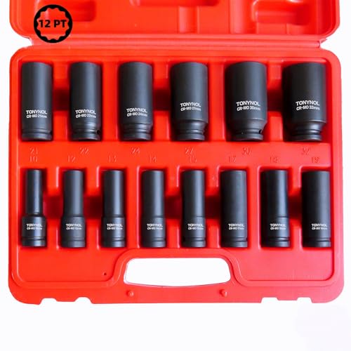 TONYNOL 1/2 Inch Deep Drive Impact Socket Set,12-Point,Metric (10mm-32mm),14 Pcs,Cr-Mo Steel,With a Storage Case - size: 1/2" 14PC Deep Metric (10-32mm), style: 12-Points
