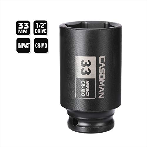 CASOMAN 1/2" Drive x 33 mm Deep 6 PT Impact Socket, CR-MO, 1/2-inch Drive 6 Point Axle Nut Socket for Easy Removal of Axle Shaft Nuts (33MM) - size: 33 mm (Deep), style: 6-Point Socket