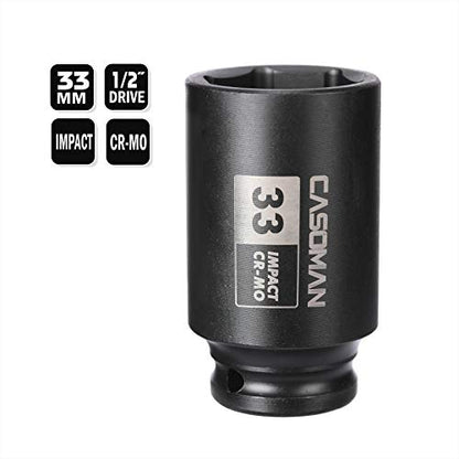 CASOMAN 1/2" Drive x 33 mm Deep 6 PT Impact Socket, CR-MO, 1/2-inch Drive 6 Point Axle Nut Socket for Easy Removal of Axle Shaft Nuts (33MM) - size: 33 mm (Deep), style: 6-Point Socket