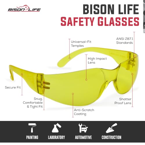 BISON LIFE Clear Safety Glasses – ANSI Z87.1 Certified Scratch & Impact Resistant Eye Protection Goggles for Men & Women - color: Yellow/Yellow