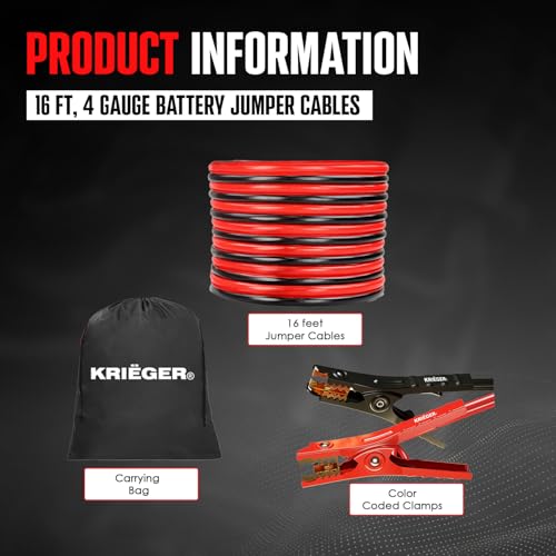 K KRIËGER Jumper Cables for Car Battery, Heavy Duty Automotive Booster Cables for Jump Starting Dead or Weak Batteries with Carrying Bag Included (16-Feet (4-Gauge) - size: 16-Feet (4-Gauge)