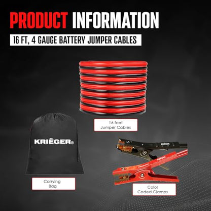 K KRIËGER Jumper Cables for Car Battery, Heavy Duty Automotive Booster Cables for Jump Starting Dead or Weak Batteries with Carrying Bag Included (16-Feet (4-Gauge) - size: 16-Feet (4-Gauge)