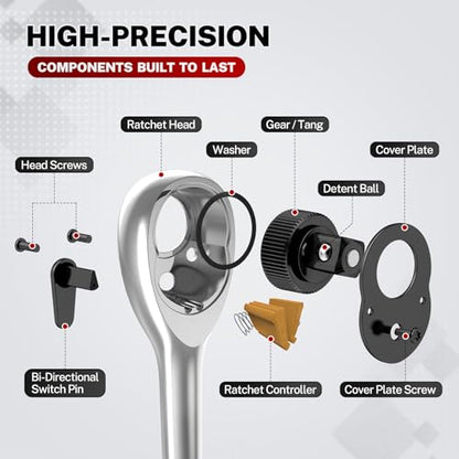 TOMMARS Ratchet Set 1/4" 3/8" 1/2" Drive Socket Wrench Mechanic Hand Tool | 72 Tooth 5-degree swing arc, Quick Release, Reversible - size: 1/4", 3/8", 1/2" Drive, style: Ratchet Set