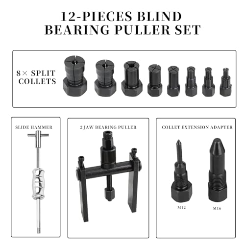 12pcs Blind Hole Bearing Puller Set Internal Bearing Extractor Puller Kit Motorcycle Bicycle Wheel Bearing Removal Tool Slide Hammer Pilot Insert Inner Bearing Puller Tool with Expanding Collet 8-32MM
