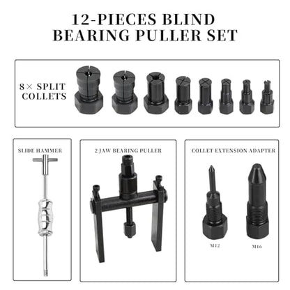 12pcs Blind Hole Bearing Puller Set Internal Bearing Extractor Puller Kit Motorcycle Bicycle Wheel Bearing Removal Tool Slide Hammer Pilot Insert Inner Bearing Puller Tool with Expanding Collet 8-32MM