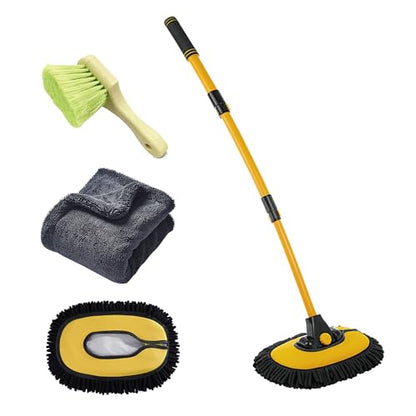 Car Wash Mop with Long Handle 15° Curved Extension Microfiber Scratch-Free Car Wash Brush with 1300GSM Thickened Drying Towel & Soft Bristle Tire Brush Complete Car Wash Kit (Yellow & Black) - color: Yellow & Black