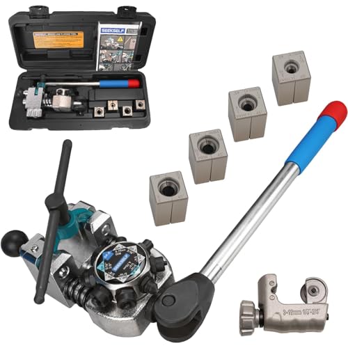 Brake Line Flaring Tool Kit for 45 Degree Single, Double and Bubble Flares, 3/16", 1/4", 5/16", 3/8" and 4.75mm Steel Copper Metal Tubing, with Tubing Cutter, Black