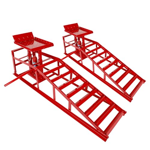 2 Pack Heavy Duty Steel Car Lift Ramp 5T Adjustable 9.8-15 Inch Height | Low Profile Car Lift Service Ramps Truck Trailer Garage 5T 11050lbs，Hydraulic Vehicle Ramp-Red - size: 5T-red