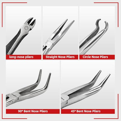 5-Piece Long Needle Nose Pliers Set, 90-Degree Long-Reach Hose Clamp Pliers for Automotive Repair and Mechanical Maintenance, High Hardness Carbon Steel, Durable Precision Hand Tools