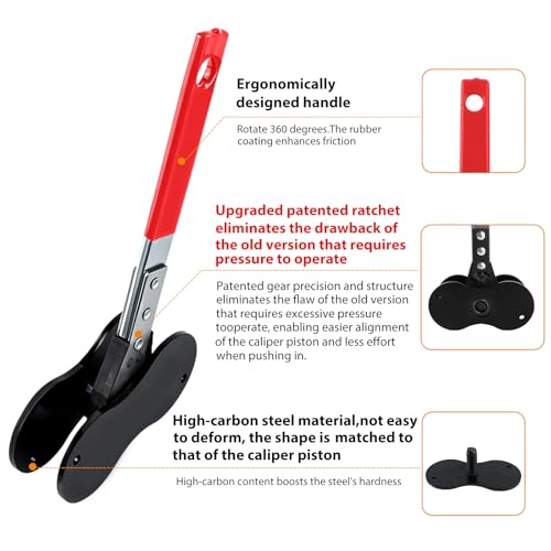 2026 Upgraded Patented Gen2 Plus Brake Caliper Compression Tool, 5 in 1 Piston Compressor, Brake Pad Spreader with 2 Brake Lubricants & 2 Hooks for Single/Twin/Quad Calipers, Red | Upgraded reinforced high-strength steel, ultra-smooth operation - color: R