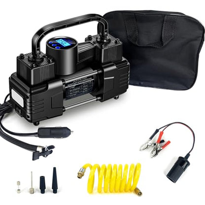 Rapid Inflation Heavy-Duty Portable Dual-Cylinder Tire Inflator with Pressure Gauge - 12V 150PSI Metal Air Compressor (LED Light), Adapters & Storage Bag Included, Fits Cars, RV Tires, Auto-Shutoff - style: Auto