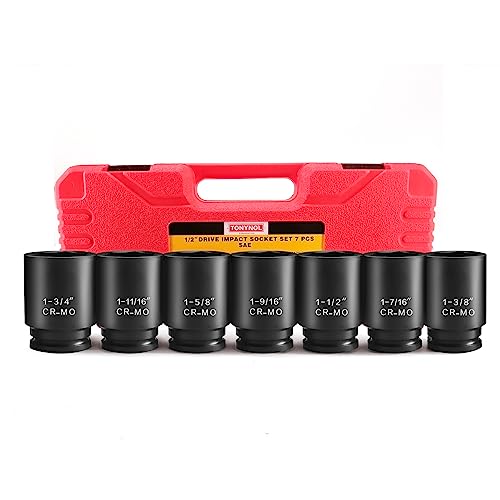 TONYNOL 1/2 Inch Drive Deep Impact Socket Set, 6-Point, SAE(1/2 Drive 1-3/8"to1-3/4"), 7 PCS, Cr-Mo, Heavy Duty Impact Socket Set, with a strong case - size: 1/2" SAE 7PC (1-3/8" to 1-3/4") Deep