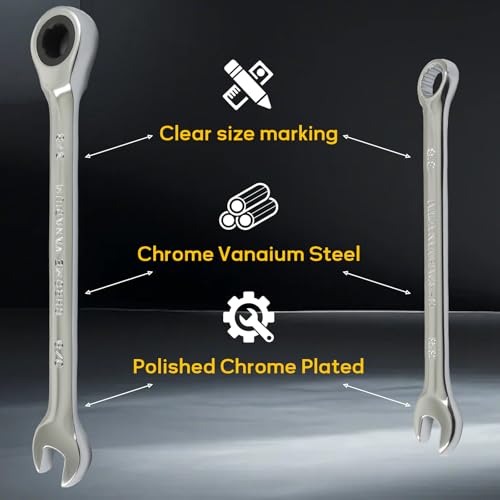3/8 Inch Ratcheting Wrench 2 Pcs 72-Tooth 12-Point Chrome Plated | Forged 45# Carbon Steel Durable, 5-Degree Arc For Tight Spaces, 12-Point Protects Fasteners, Polished Chrome Anti-Rust - size: 3/8 Inch