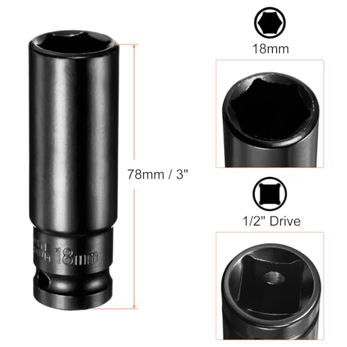 HARFINGTON Deep 6-Point Impact Socket 1/2" Drive 18mm Metric Socket 3" Length with 1/4" Hex Shank Adapter, CR-V Steel Socket Adapter Accessory Tool Set Kit for Hex Bolts Nuts - size: 18mm