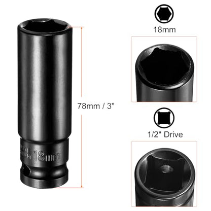 HARFINGTON Deep 6-Point Impact Socket 1/2" Drive 18mm Metric Socket 3" Length with 1/4" Hex Shank Adapter, CR-V Steel Socket Adapter Accessory Tool Set Kit for Hex Bolts Nuts - size: 18mm