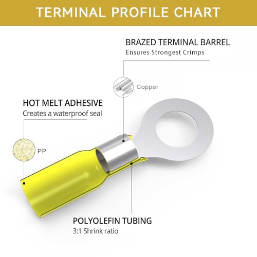 HKS 50 PCS Ring Terminals 3/8" Yellow 12-10 AWG - M10 - Electrical Connectors - Heat Shrink Wire Connector Kit - Tinned Red Copper - Automotive Marine Ring Connectors - Waterproof and Insulated - size: 3/8" (M10)