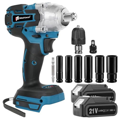 Cordless Impact Wrench 1/2 Inch,21V Brushless Impact Gun with 2 Pack 3.0Ah Battery and Fast Charger,Max 550N.m 3000RPM High Torque Repair And Installation Tools,Impact Wrench with 6 Size Sockets Set