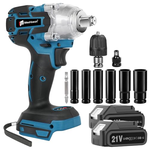 Cordless Impact Wrench 1/2 Inch,21V Brushless Impact Gun with 2 Pack 3.0Ah Battery and Fast Charger,Max 550N.m 3000RPM High Torque Repair And Installation Tools,Impact Wrench with 6 Size Sockets Set