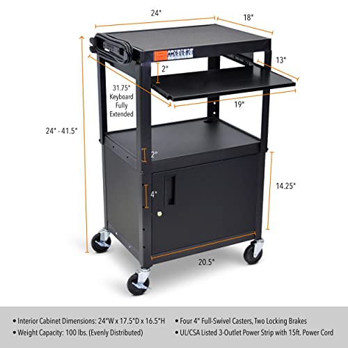 Stand Steady AV Cart with Locking Cabinet, Adjustable Height, UL Certified, Steel Frame, Black - color: Cabinet + Keyboard Tray, size: 24" L x 18" D x 42" H