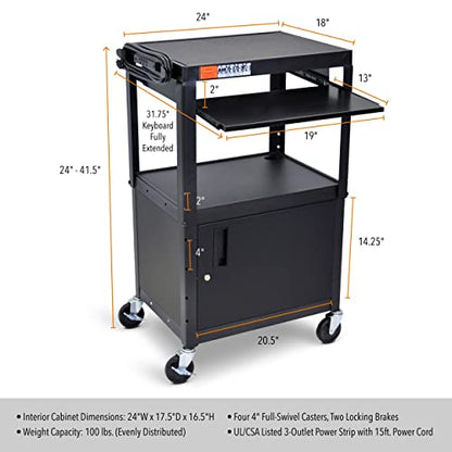 Stand Steady AV Cart with Locking Cabinet, Adjustable Height, UL Certified, Steel Frame, Black - color: Cabinet + Keyboard Tray, size: 24" L x 18" D x 42" H