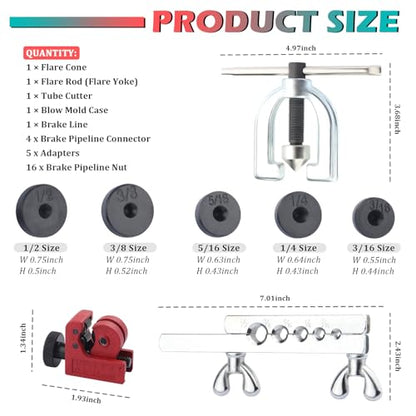 25Ft 3/16" Brake Line Kit,Double & Single Brake Line Flaring Tool Kit Includes Flaring Tool/Nuts/Adapters/Tube Cutter,Universal Brakes Lines Repair Kits for Hydraulic Brakes System