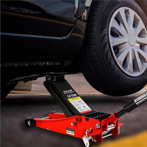 3 Ton Low Profile Floor Jack, Heavy Duty Floor Jack with Dual Pistons Quick Lift Pump, Steel Car Jacks Adjustable Height 3.3"-19.7", Hydraulic Trolley Floor Jacks 3 Ton/6000 LBS Capacity, Red - color: Red - 3 Ton(Dual Pump), Lift 3.3"-19.7"
