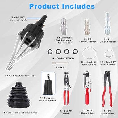 Pneumatic CV Joint Boot Expander Tool Kit,Expander Rod Spreader Installation Removal Tool with 15 Sets Clamps and 4 Air Hose Fittings for Rubber Boots Installation and Removal (Black) - color: Black