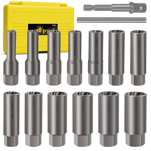 Topec 15PCS Deep Bolt Extractor Kit, 6mm-19mm Nut Extractor Socket Set, 3/8" Drive Rounded Bolt Remover, Spark Plug Extractor Tool for Broken, Stripped, Damaged, Rusted Stud and Bolt Nuts - size: 15 PCS