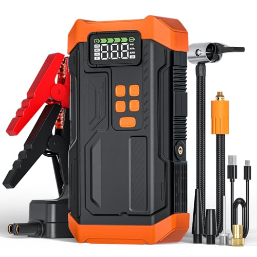 5000A Jump Starter with Air Compressor,Car Jumper Starter Portable with 150PSI Tire Inflator 12V Jump Box with LCD Display,Flashlight,Storage Case (Up 9L Gas/8L Diesel Engine（Orange - style: AORANGE