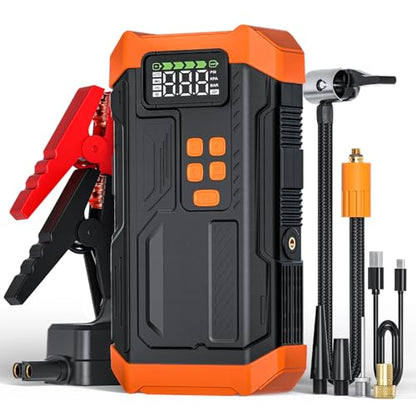 5000A Jump Starter with Air Compressor,Car Jumper Starter Portable with 150PSI Tire Inflator 12V Jump Box with LCD Display,Flashlight,Storage Case (Up 9L Gas/8L Diesel Engine（Orange - style: AORANGE