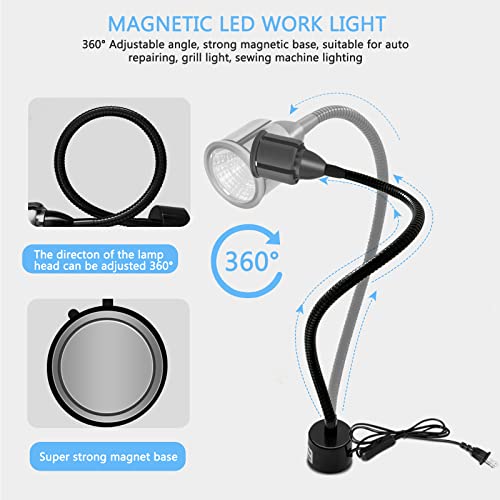 Magnetic LED Work Light with Flexible Gooseneck and Magnetic Base, Magnetic LED Lamp 750 Lumen for Workshop, Lathe, Sewing Machine, Grill Lighting