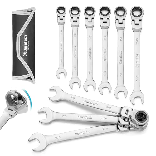 DURATECH 9-Piece Flex-Head Ratcheting Wrench Set, SAE, 5/16" to 3/4" | 5/16", 11/32", 3/8", 7/16", 1/2", 9/16", 5/8", 11/16", 3/4", 72 Tooth, CR-V Steel, Rolling Pouch Included - color: Silver, size: 5/16 - 3/4 inch