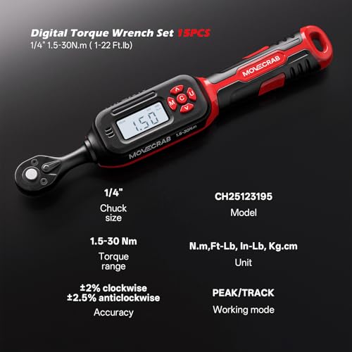 15-Piece Bike Digital Torque Wrench Kit, 1/4" Drive, 1-22 Ft.lb | Electronic Torque Wrench with Hex & Torx Bits, Bike Card Tool, LED & Buzzer Alerts for MTB, Road Bike & Bicycle Maintenance - size: 1/4" 15pcs-Bike 1.5-30N.m/1-22Ft.lb