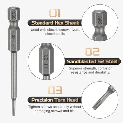 HARFINGTON 3pcs T7 Torx Head Screwdriver Bit 1/4" Hex Shank 2.6" (65mm) Long Magnetic No Hole Tip Tamper Proof 6 Point Star Screw Driver Drill Bits S2 Steel Industrial Power Screwdrivers - size: T7 x 2.6"(65mm)