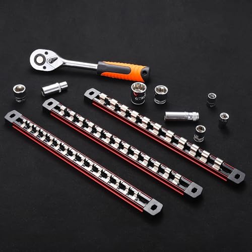 ALOANES 1/2-Inch Drive Magnetic Socket Organizer, Heavy Duty Aluminum Socket Rails, 11 Stainless Clips (Red)