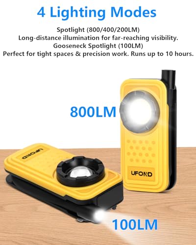 UFOND Dual Head Rechargeable LED Work Light,Gooseneck Flashlight 4 Modes | 800LM Portable Lightweight Pocket Magnetic Tool Light, Aluminum Alloy Clip Spotlight, Repair Camping Outdoor Emergency