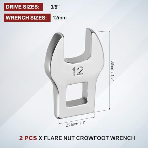 HARFINGTON Drive Crowfoot Wrench 3/8 Inch 12mm Metric Flare Nut Wrench CR-V Steel Electroplating Open End Crowfoot Spanner for Automotive Repair Mechanics, Bright Silver - size: 3/8 Inch x 12mm