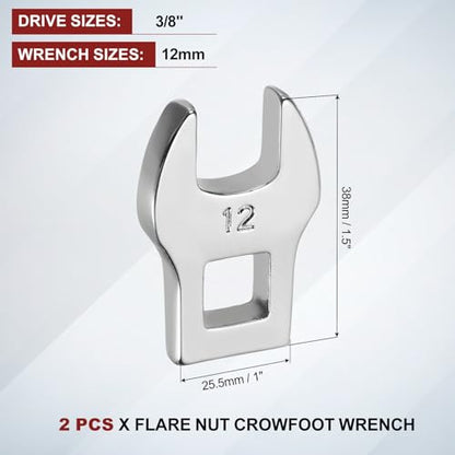 HARFINGTON Drive Crowfoot Wrench 3/8 Inch 12mm Metric Flare Nut Wrench CR-V Steel Electroplating Open End Crowfoot Spanner for Automotive Repair Mechanics, Bright Silver - size: 3/8 Inch x 12mm