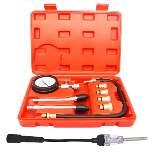 9PCS Petrol Engine Cylinder Compression Tester Kit with Spark Plug Tester, 0-21 Bar & 0-300 PSI Compression Gauge Car and Motorcycle Engine Testing Tool (Red) - color: Red